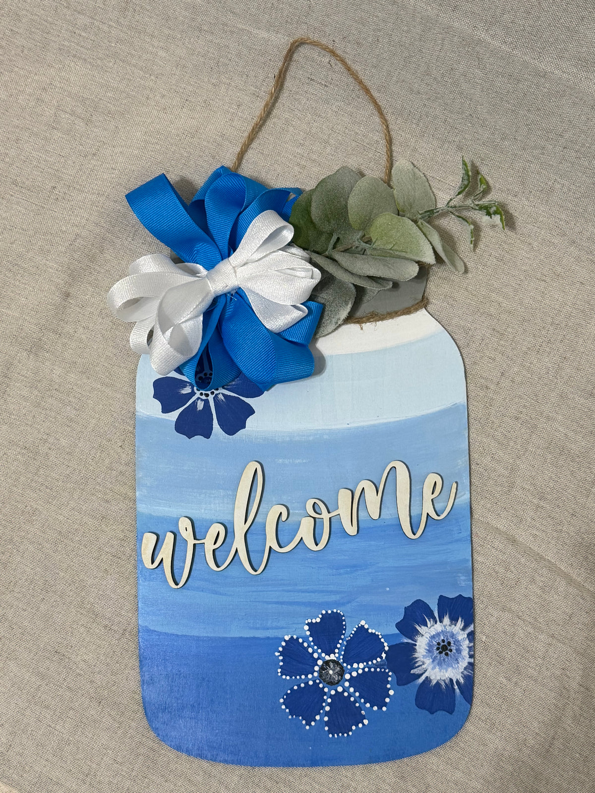 Handmade Blue Floral Welcome Door Hanger | Farmhouse Wooden Mason Jar Sign
