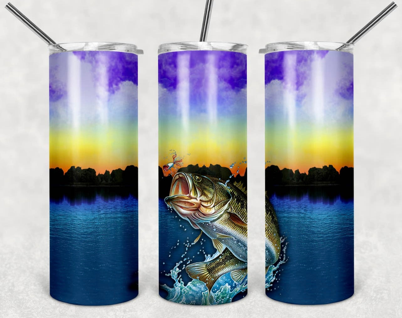 Largemouth Bass Sunset Fishing Skinny Tumbler with Straw– 20oz