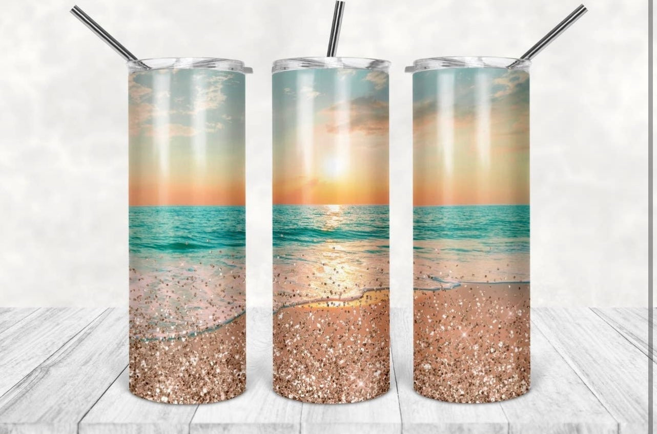 Sunset Beach Skinny Stainless Steel Tumbler with Straw- 20oz