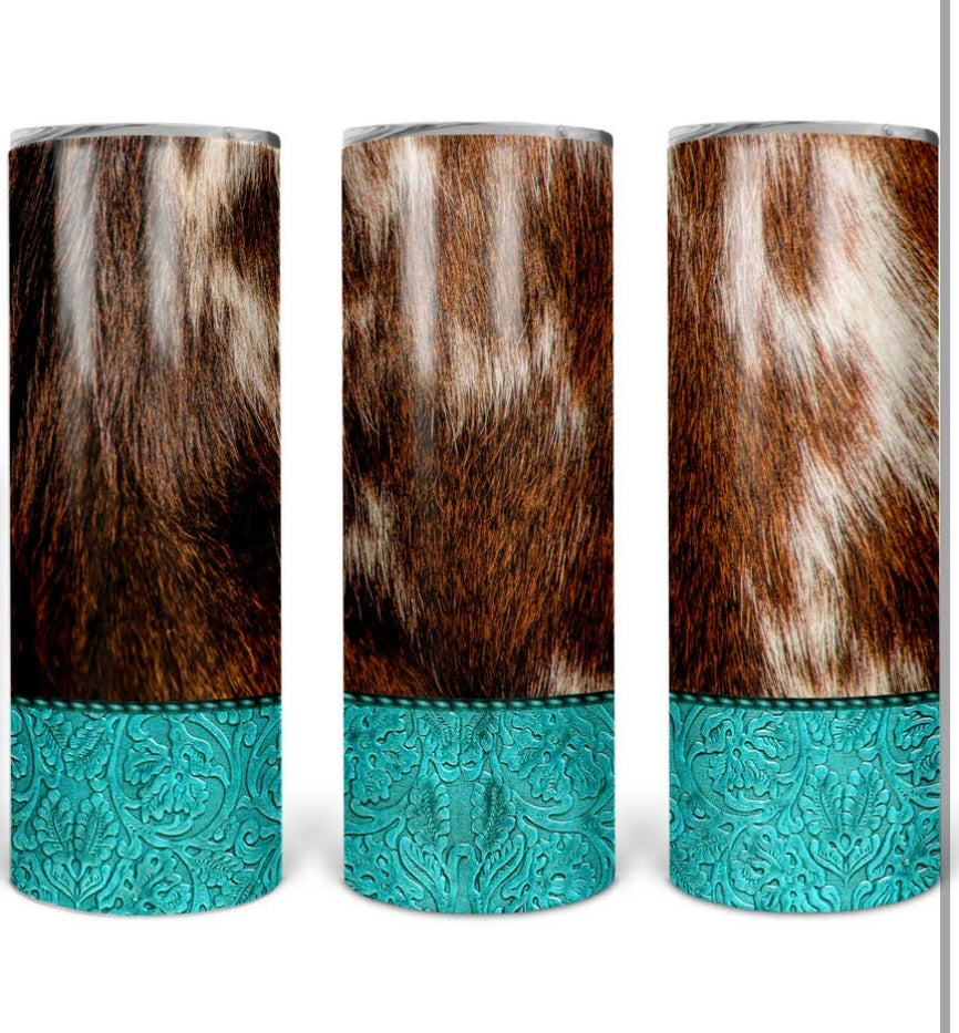 Cowhide Turquoise Skinny Stainless Steel Tumbler with Straw- 20oz