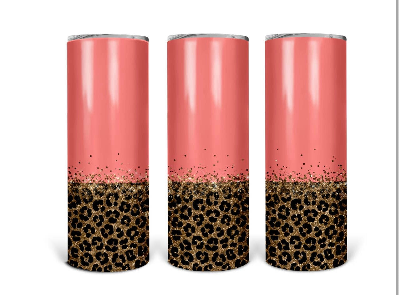 Coral Gold Leopard Glitter Skinny Stainless Steel Tumbler with Straw- 20oz