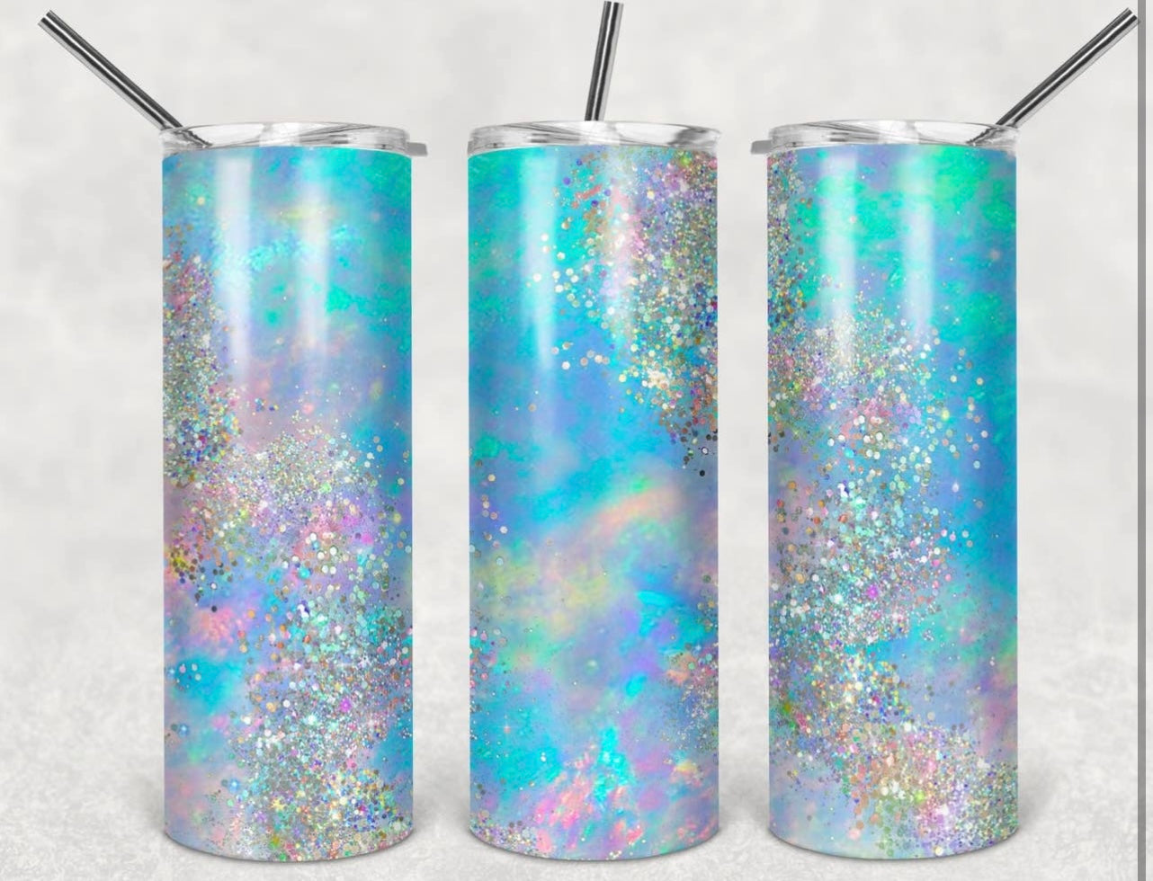 Iridescent Glitter Skinny Stainless Steel Tumbler with Straw- 20 oz