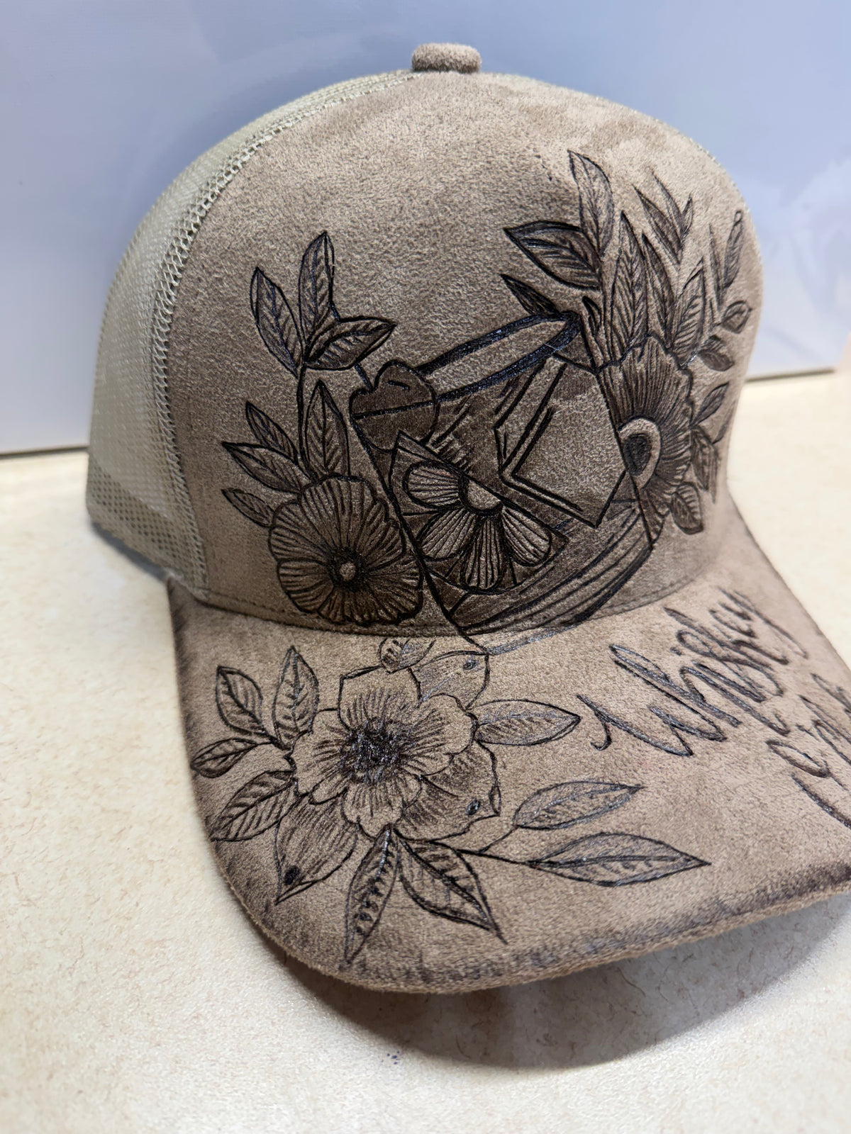Whiskey O'clock Hand Burned Custom Tucker Hat