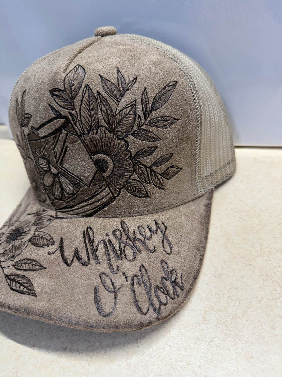 Whiskey O'clock Hand Burned Custom Tucker Hat