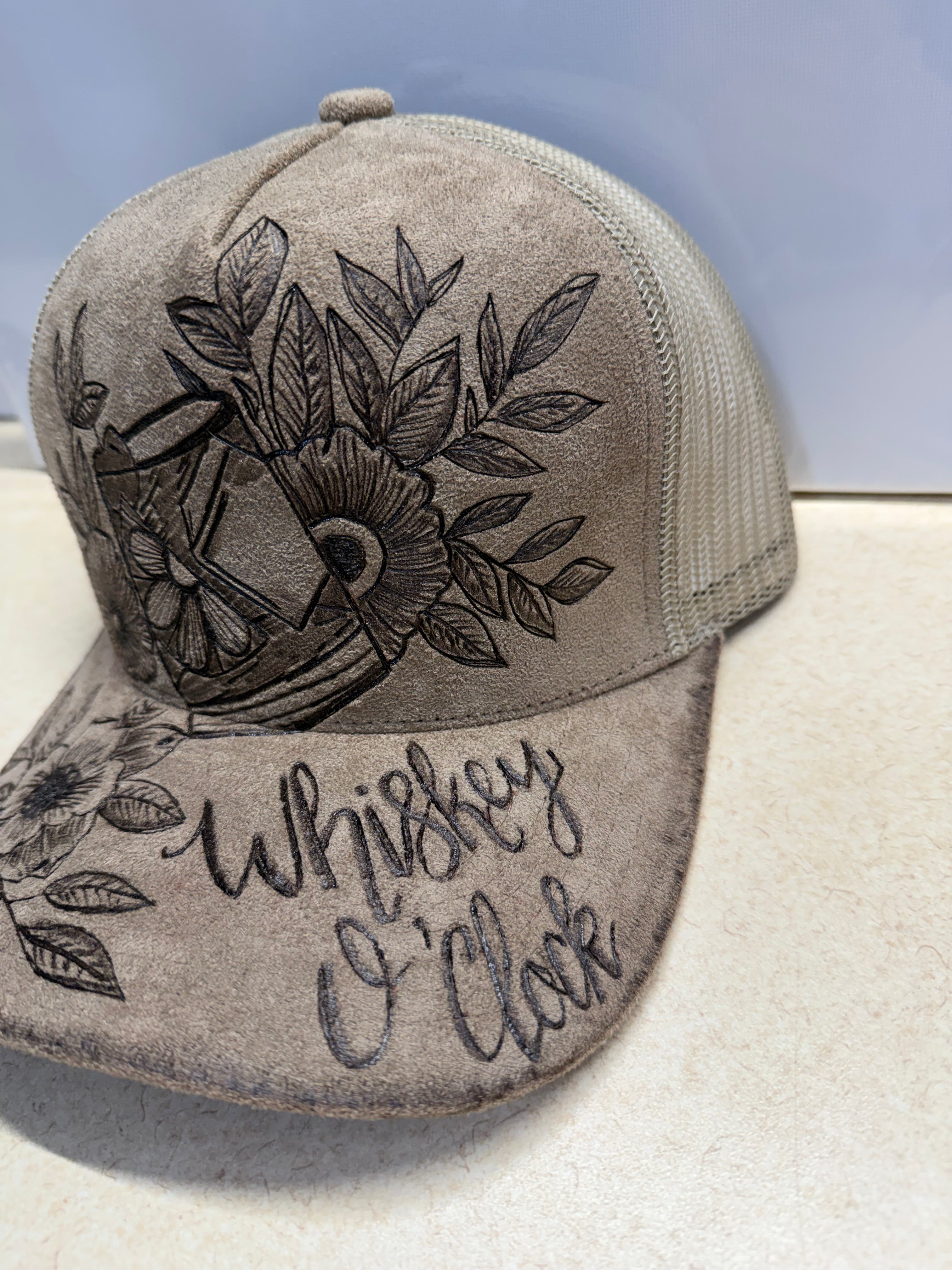 Whiskey O'clock Hand Burned Custom Tucker Hat