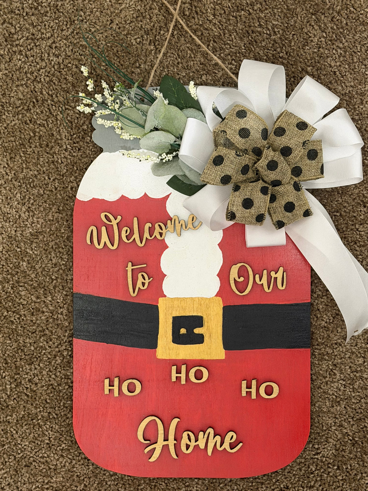 Santa Suit Christmas Door Hanger | Rustic Farmhouse Holiday Welcome Sign