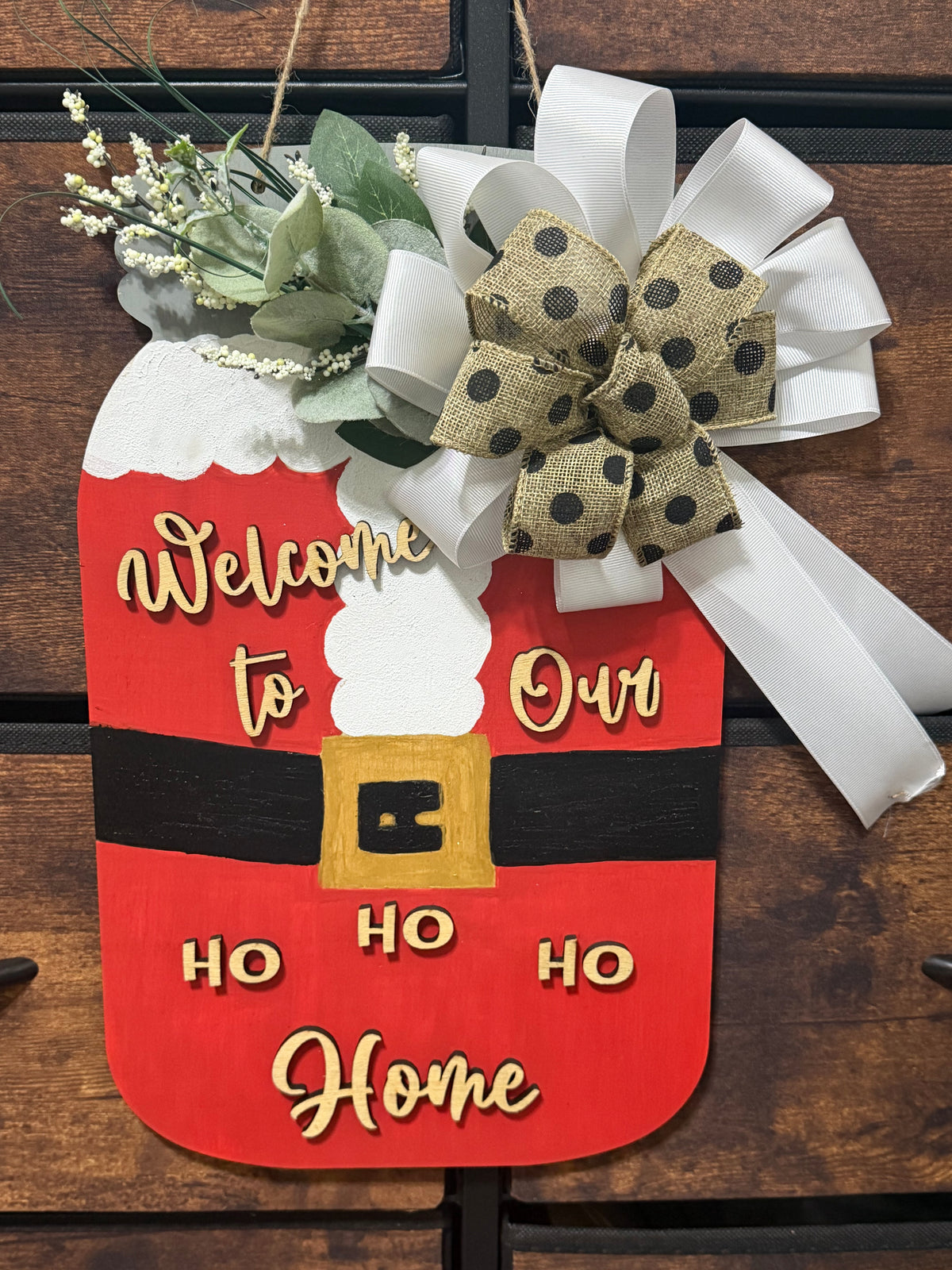 Santa Suit Christmas Door Hanger | Rustic Farmhouse Holiday Welcome Sign