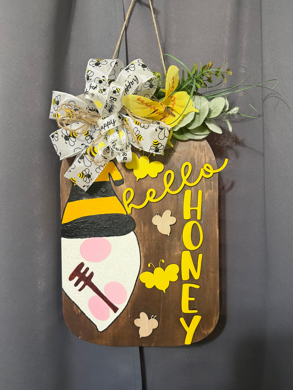 Handmade Bee Gnome Door Hanger | Hello Honey Farmhouse Welcome Sign