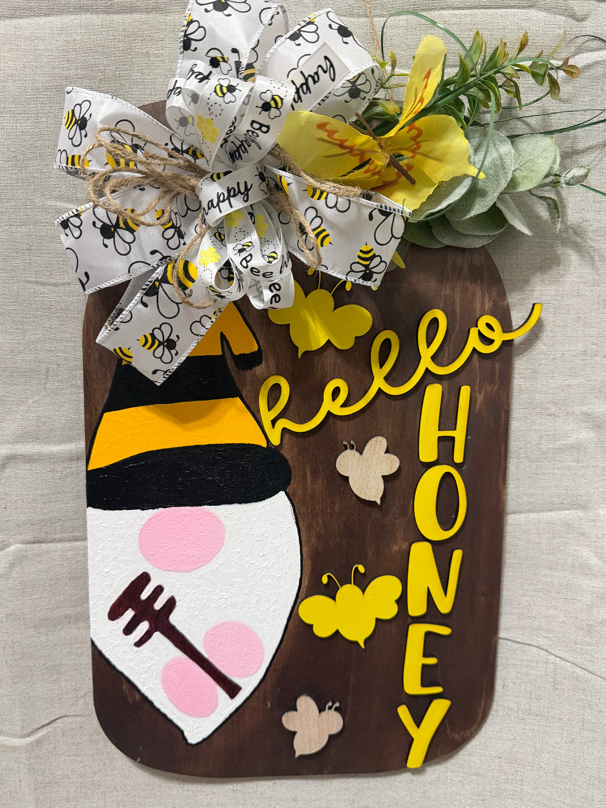 Handmade Bee Gnome Door Hanger | Hello Honey Farmhouse Welcome Sign