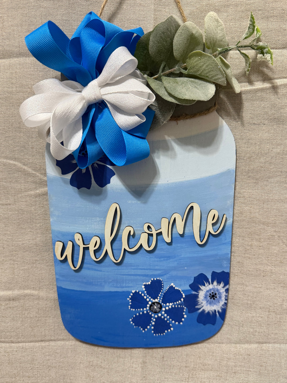 Handmade Blue Floral Welcome Door Hanger | Farmhouse Wooden Mason Jar Sign