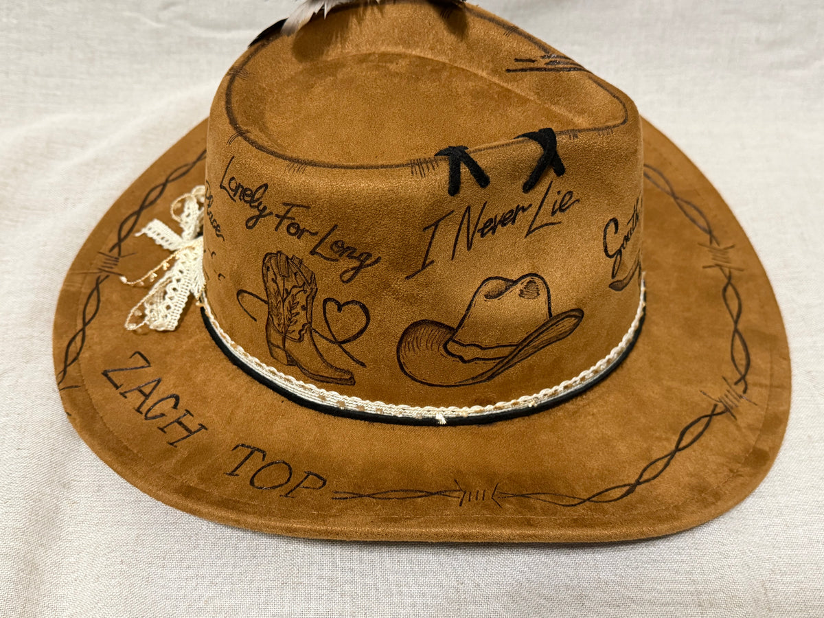 Hand-Burned Country Western Cowboy Hat | Rustic Brown Music-Inspired Fedora